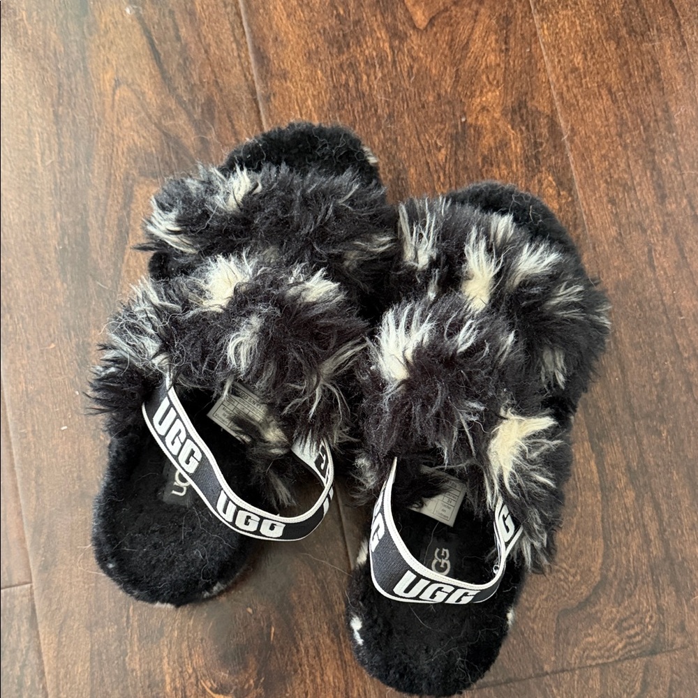 UGG Black and Cream Fluffy Slides